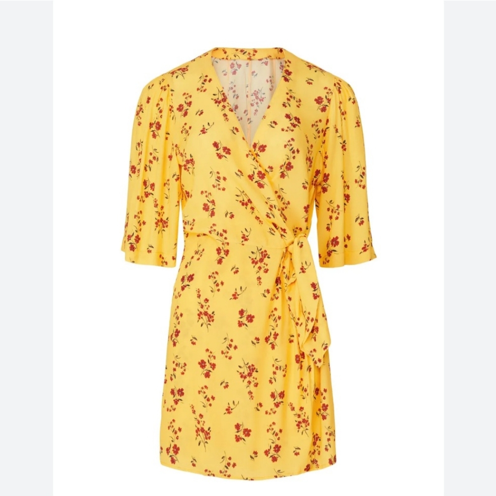 THAKOON Floral Yellow Wrap Short Mini Sundress Short Sleeves Dress 12